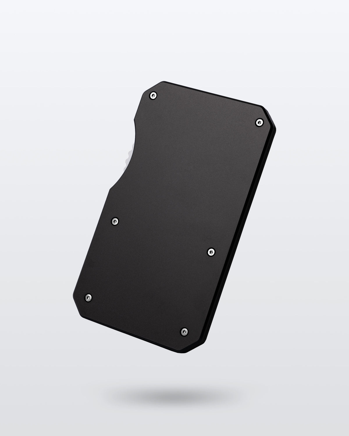 A minimalist black metal parking disc wallet with rounded corners and four visible silver screws, shown floating against a light gray gradient background.
